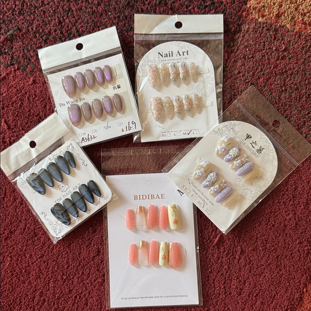 Bundle of 5 Press-On Nail Sets; Various Colors & Designs; Like New